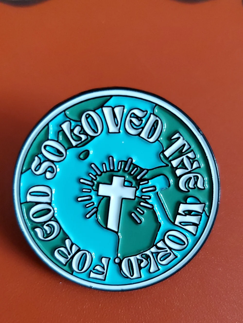 Religious Enamel Pin - Turquoise & Teal Cross Globe